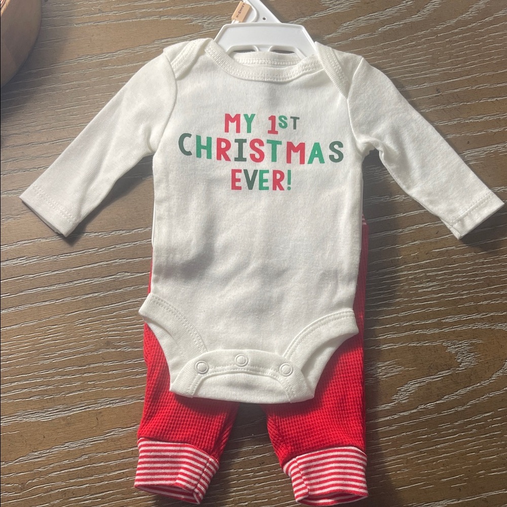 Carter's Preemie 2 piece My 1st Christmas Ever- Cream and Red with Reindeer NWT